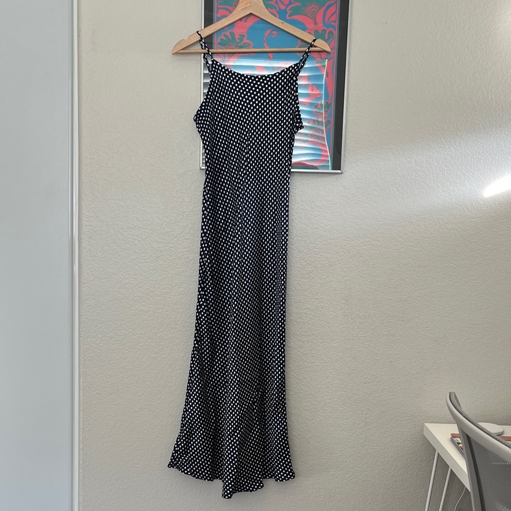 Loft navy and white satin slip dress midi length